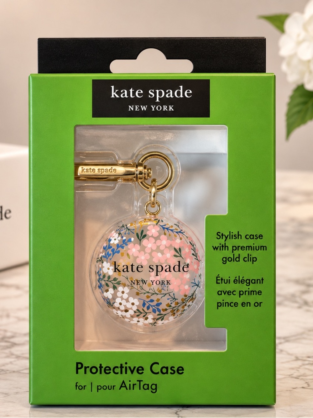 kate spade Clear Floral AirTag Case with Gold Clip